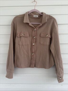 Waffle Knit Utility Shacket Taupe Button Front Overshirt Cozy Layer Jacket